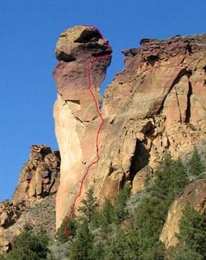 Monkey Face at Smith Rock with a red line showing the popular rock climbing route.