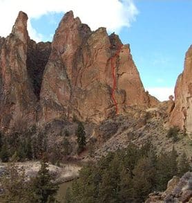 The Smith Rock Group formation with a red line showing the popular rock climbing route.