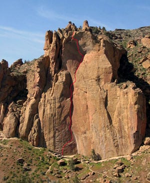 The Morning Glory Wall at Smith Rock with a red line showing the popular rock climbing route.