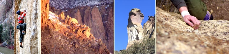 Four photos showing rock climbing action shots at Smith Rock