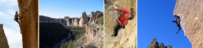 Four photos showing lead climbing at Smith Rock State Park.
