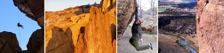 Four images showing rock climbers at different spots of Smith Rock State Park.