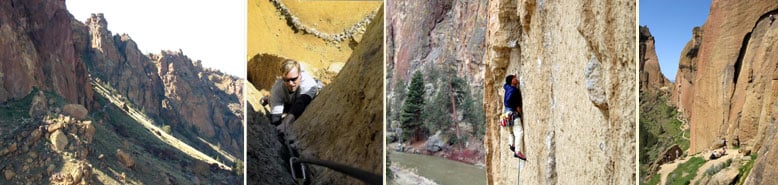 Four images showing different perspectives of the Spiderman rock climbing route at Smith Rock.