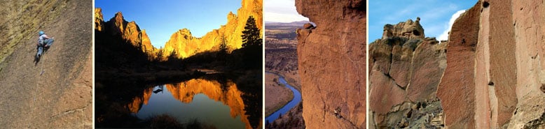 Four images showing different perspectives of the Red Wall at Smith Rock.