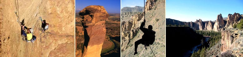 Four photos showing Smith Rock from different perspectives.